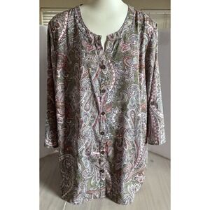 Catherines Button Front Top Womens 1X Green Pink Paisley Floral 3/4 Sleeve Plus